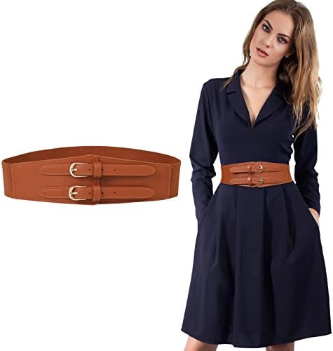 AWAYTR Double Buckle Women's Elastic Belt - Ladies Stretchy Wide Waist Leather Belts for Dresses ... | Amazon (US)