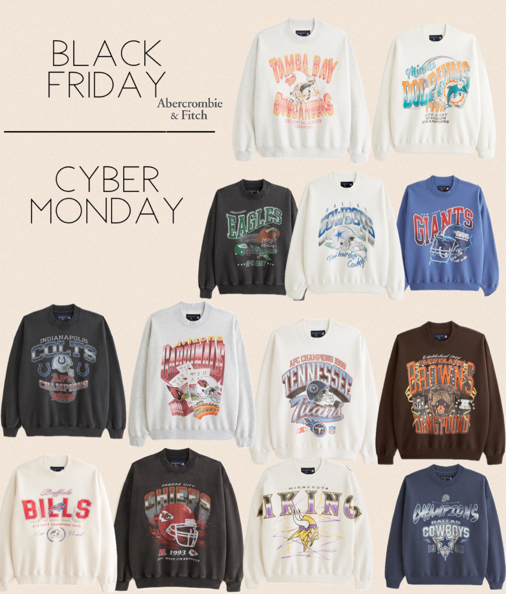 Black Friday / Cyber Monday Deals! Such a great variety of your favorite football team’s in these cute graphic crew sweatshirts! 
Abercrombie & Fitch


#LTKCyberWeek #LTKHoliday #LTKGiftGuide