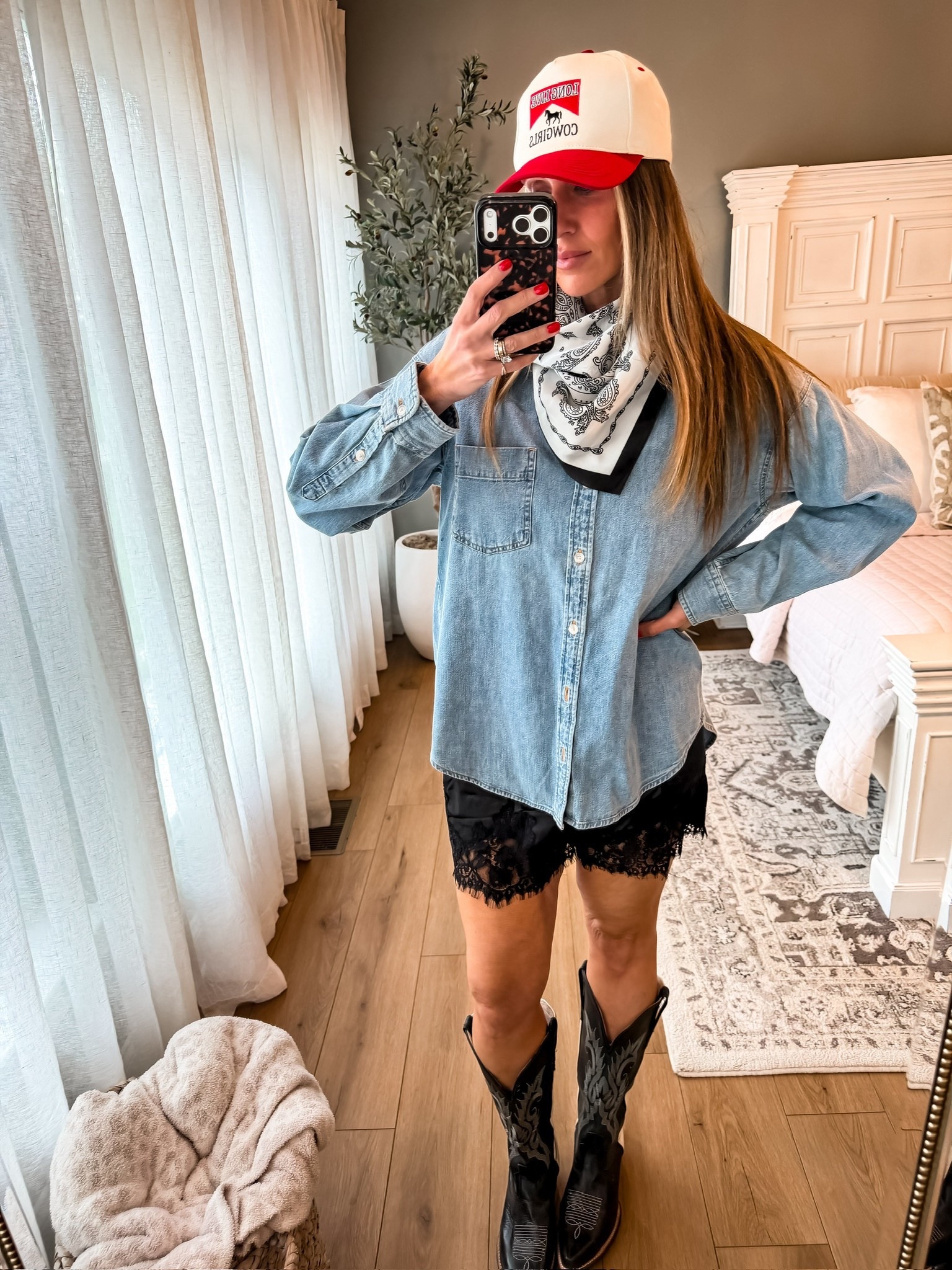 Not me leaning all the way into my western era 🤠 An oversized denim shirt + boots is always a yes, and the bandana + hat just pull it all together. Easy, comfy, and still feels styled

western outfit, denim shirt, cowboy boots, casual style, everyday outfits, rodeo ready, themominstyle 

#LTKSeasonal #LTKOver40 #LTKootd