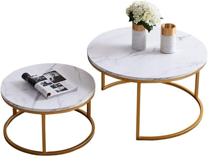 UNIE Modern Nesting Coffee Table Set of 2, Round Accent Coffee Table with Faux Marble Wood Top & ... | Amazon (US)