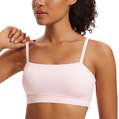 CRZ YOGA Butterluxe Womens Adjustable Spaghetti Thin Strap Sports Bra - Padded Wireless Square Neck Workout Yoga Clothes Strawberry Pink X-Small | Amazon (US)