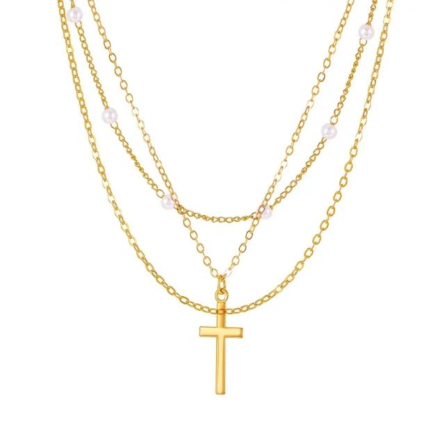 JO WISDOM Stacked Cross Necklace With Artificial inlaid Pearl Alloy Multi-layer Clavicle Chain Fo... | Walmart (US)