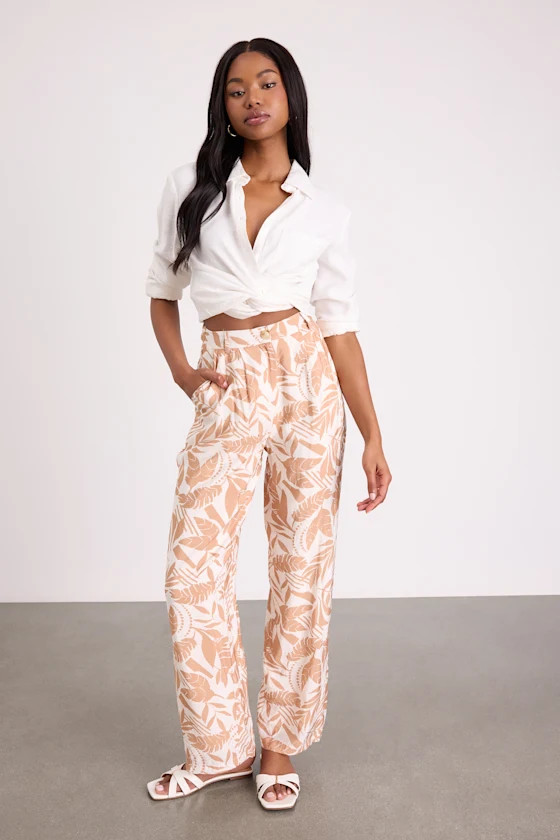 Dominica Ivory and Tan Tropical Print Wide-Leg Pants | Lulus