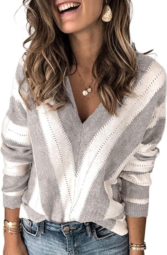 Asvivid Color Block Striped V Neck Sweater for Women Long Sleeve Knit Pullover Jumper Tops | Amazon (US)