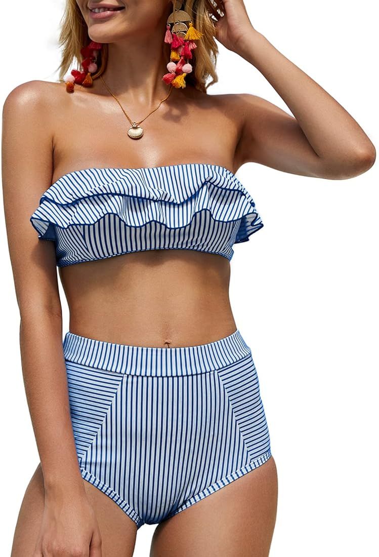 Saodimallsu Women High Waisted 2 Piece Bikini Set Bandeau Ruffle Swimsuit Top Striped Bathing Sui... | Amazon (US)