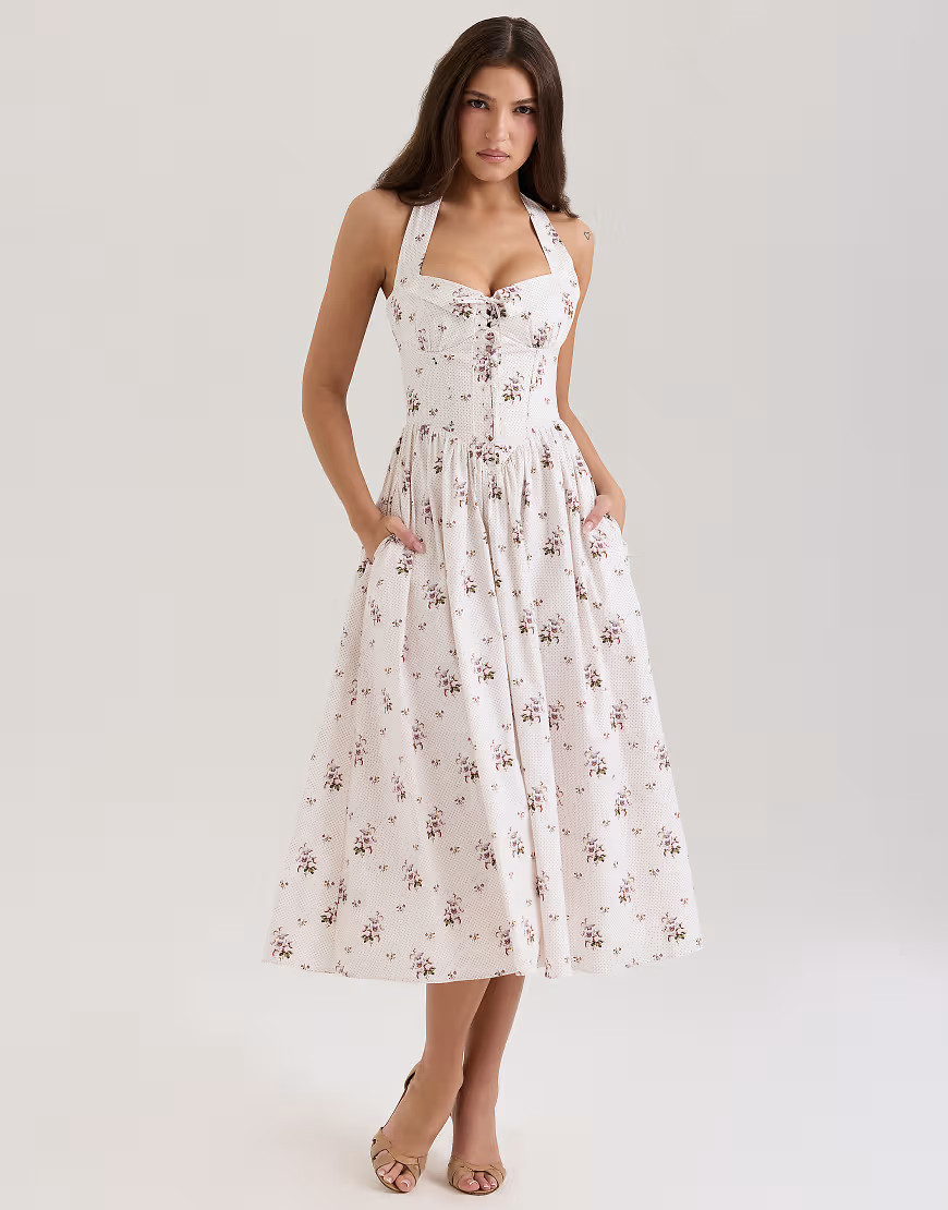 House of CB Emilia stretch cotton halter neck midi dress in cream floral print-White | ASOS (Global)