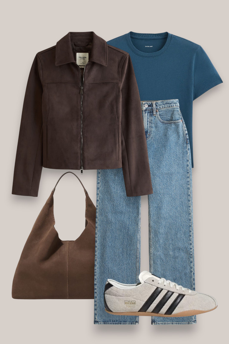 The easiest early fall uniform 🤎 Blue tee, relaxed jeans and sneakers with a chocolate brown suede jacket and slouchy bag to make the whole look feel more autumnal. 

 #LTKautumn #LTKjeans #LTKstyletip