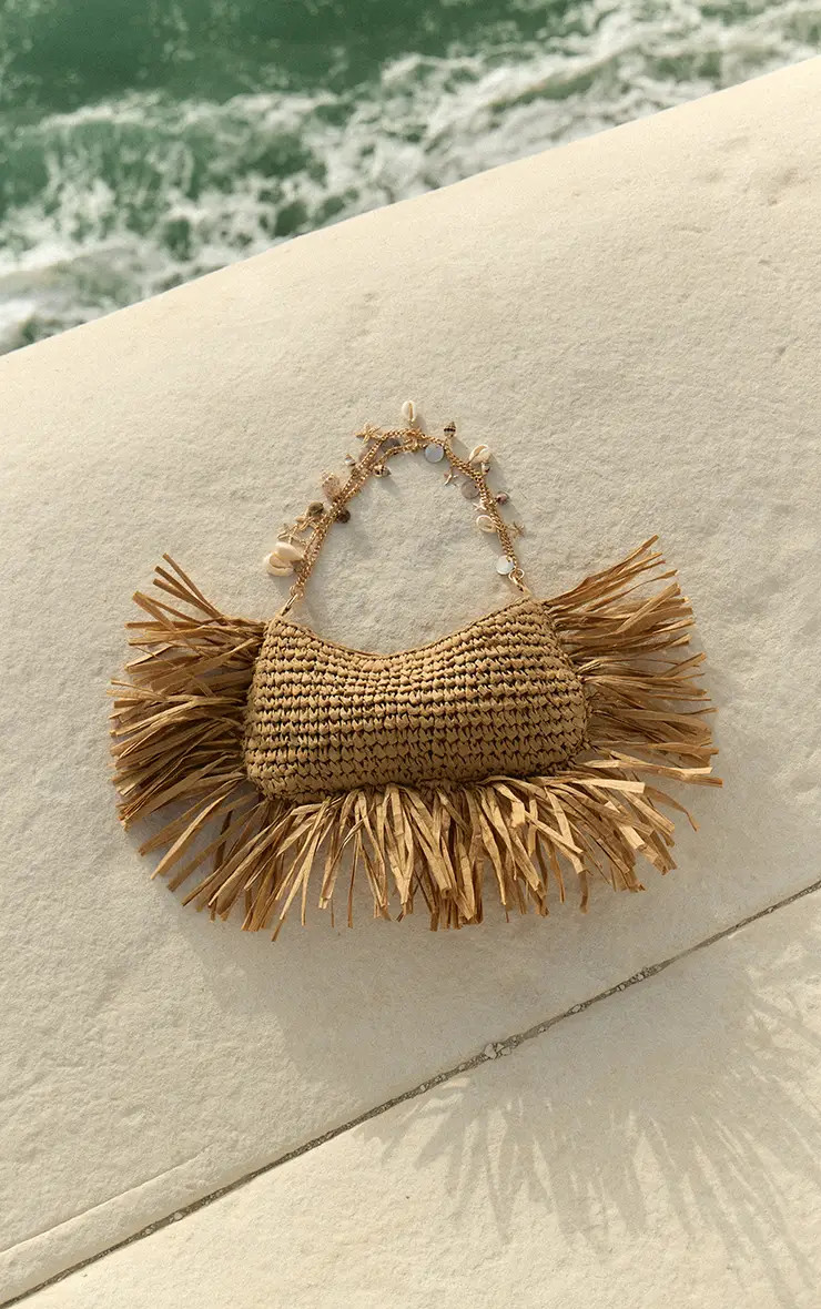 Natural Raffia Fringe Shell Trim Shoulder Bag | PrettyLittleThing USA | PrettyLittleThing US