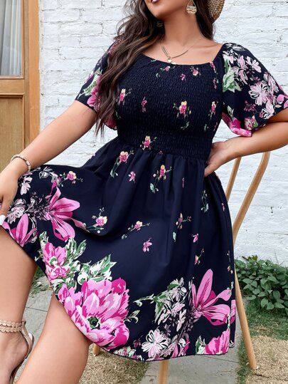 Plus Floral Print Shirred Butterfly Sleeve A-line Dress | SHEIN
