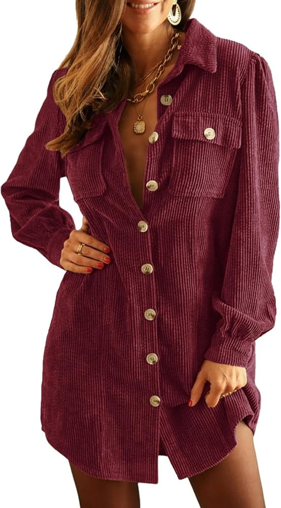Alaster Queen Women's Corduroy Long Sleeve Short Dresses Fall Winter Button Down Work Tunic Dress... | Amazon (US)