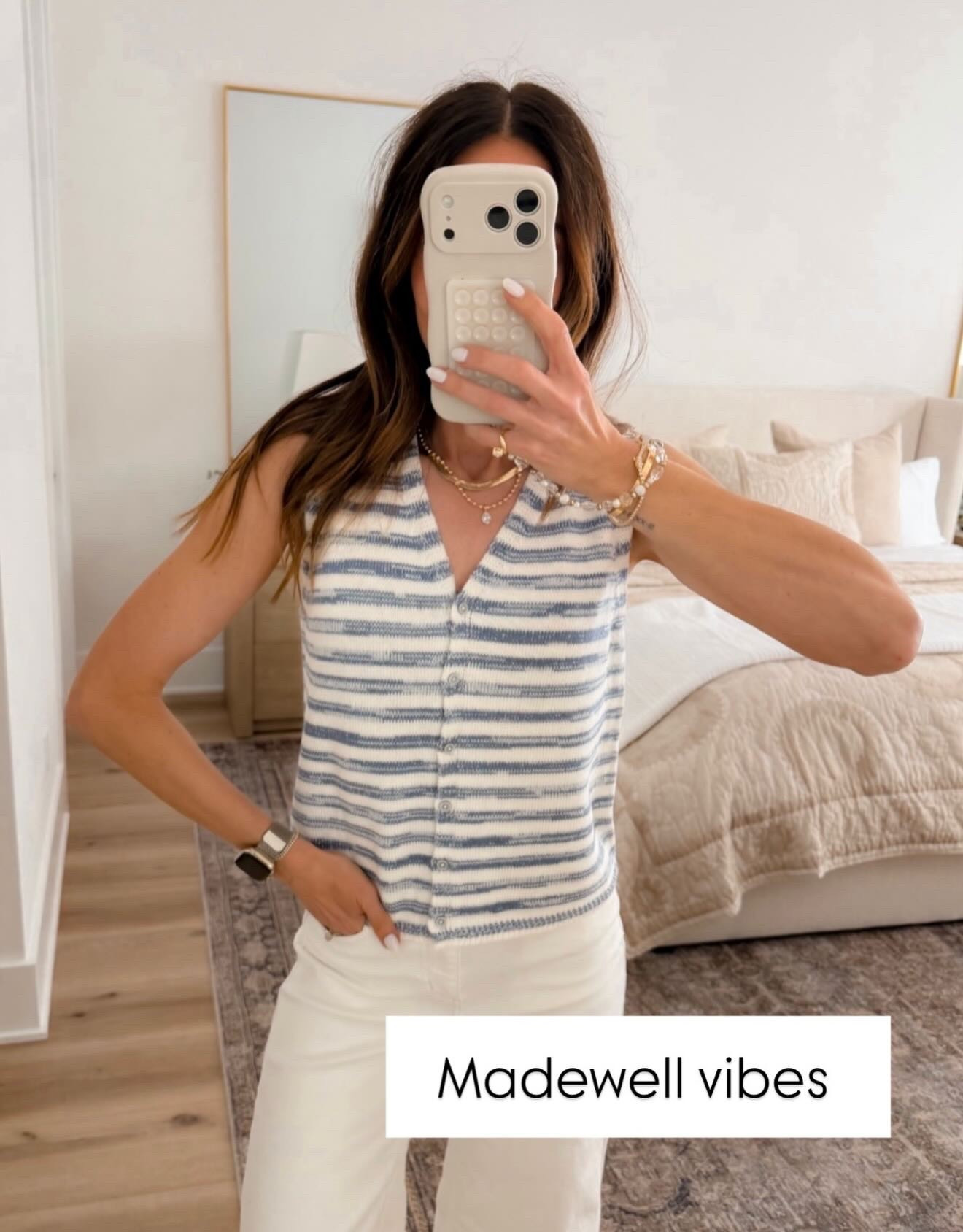 This striped top had me instantly. A simple pair of white pants becomes effortlessly chic with the pop of navy stripes, and the layered necklaces and bracelet completely finish the look.

striped top, white pants, casual chic, layered necklaces, summer outfit ideas, everyday style, navy stripes, classic outfit, effortless chic, annabrstyle

#LTKootd #LTKSeasonal #LTKOver40
