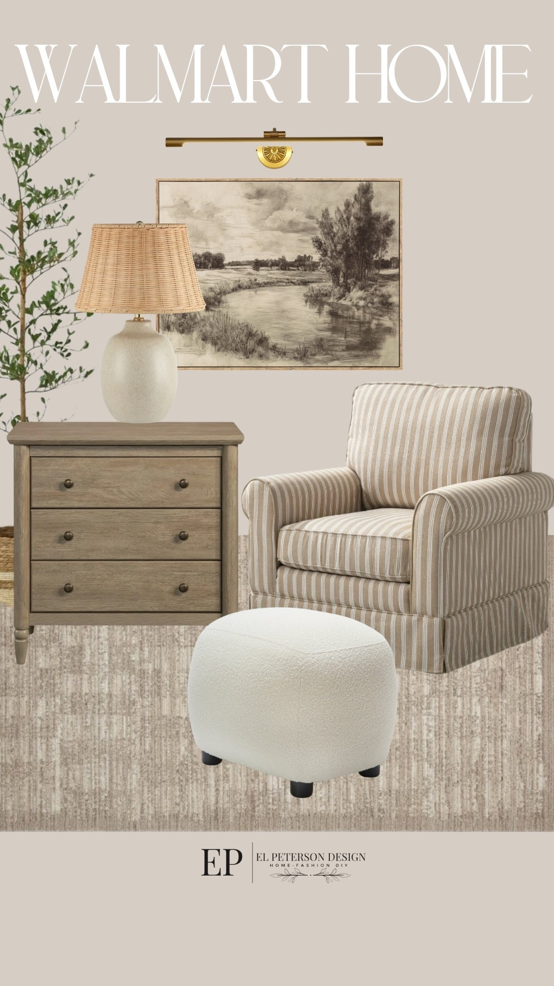 Walmart Home
Artwork
Picture light
Accent chair
Ottoman
Area rug
Nighstand
Table lamp
Olive tree 

#LTKHome