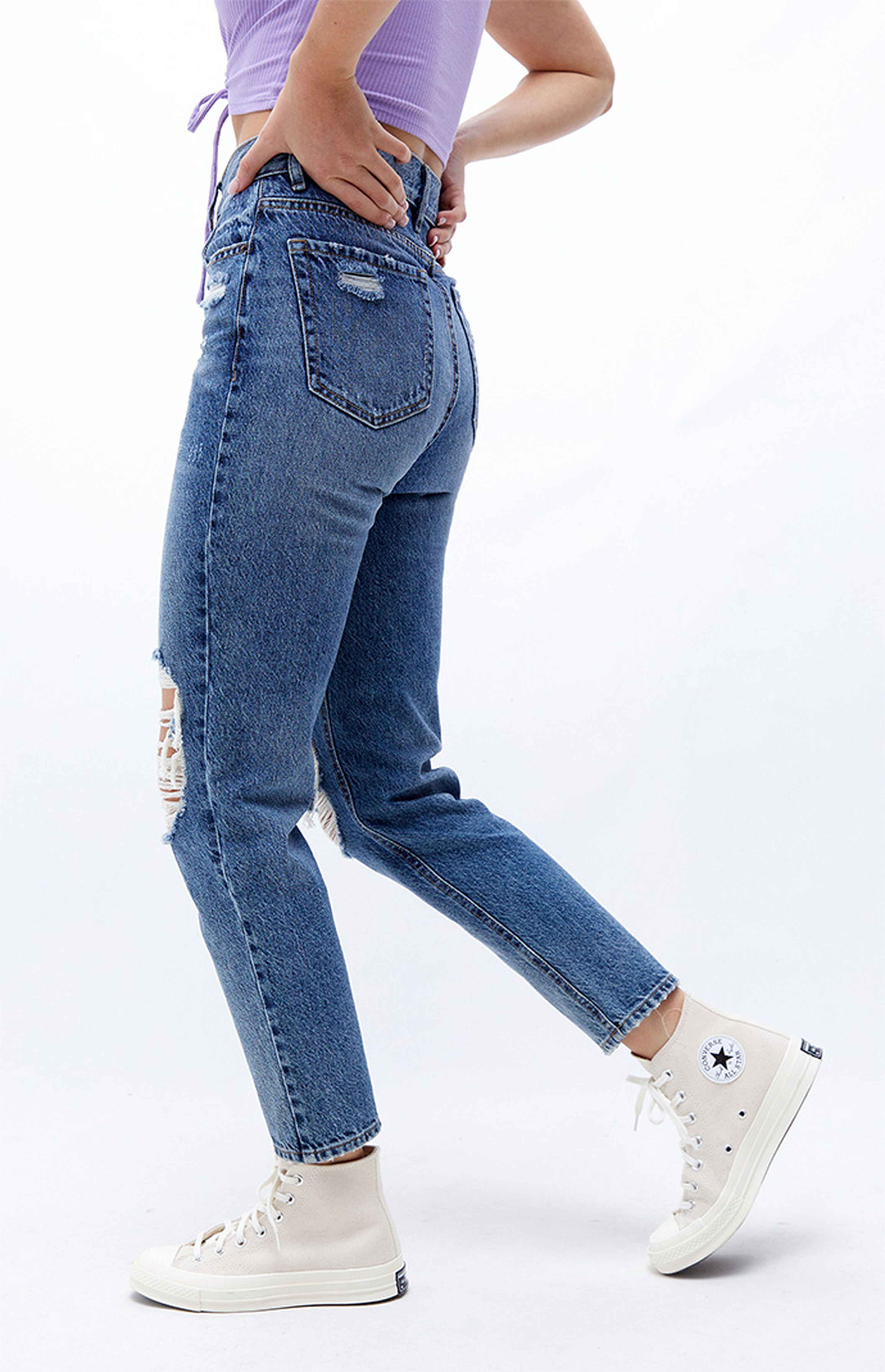 PacSun Eco Medium Blue Distressed Ultra High Waisted Slim Fit Jeans | PacSun | PacSun