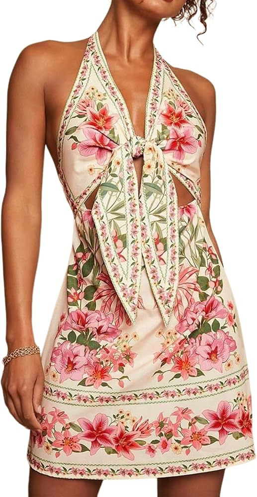 Ammiko Halter Dresses for Women Tropical Boho Mini Dress Tie Backless Floral Sundress Short Dress... | Amazon (US)