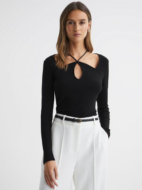 Jersey Cut-Out Strappy Top in Black | Reiss US