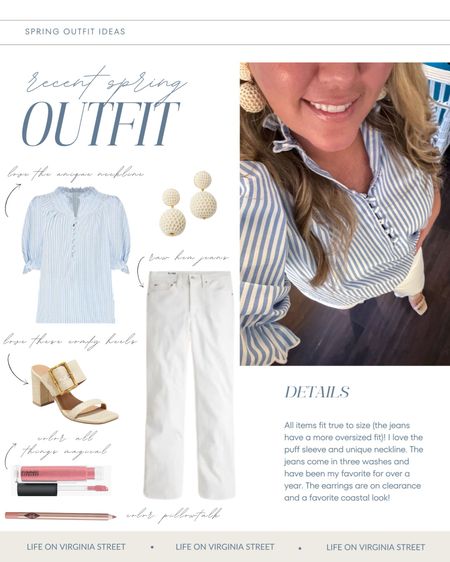 This Tuckernuck top is a splurge but one of my favorite finds in a while! The blue and white stripes, button neckline, and ruffle collar are so cute and so unique! Also loving these white jeans, bet lantern earrings and raffia sandals for spring. Lip color is All Things Magical. All items fit true to size with a looser fit!
.
#ltkover40 #ltksalealert #ltkbeauty #ltkshoecrush #ltkfindsunder50 #ltkfindsunder100 #ltkstyletip #ltkworkwear #ltkseasonal #ltkmidsize

#LTKSeasonal #LTKmidsize #LTKover40