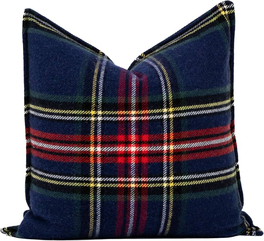 Hofdeco Premium Merino Wool Tartan Throw Pillow Cover, 20x20, Navy Red | Amazon (US)