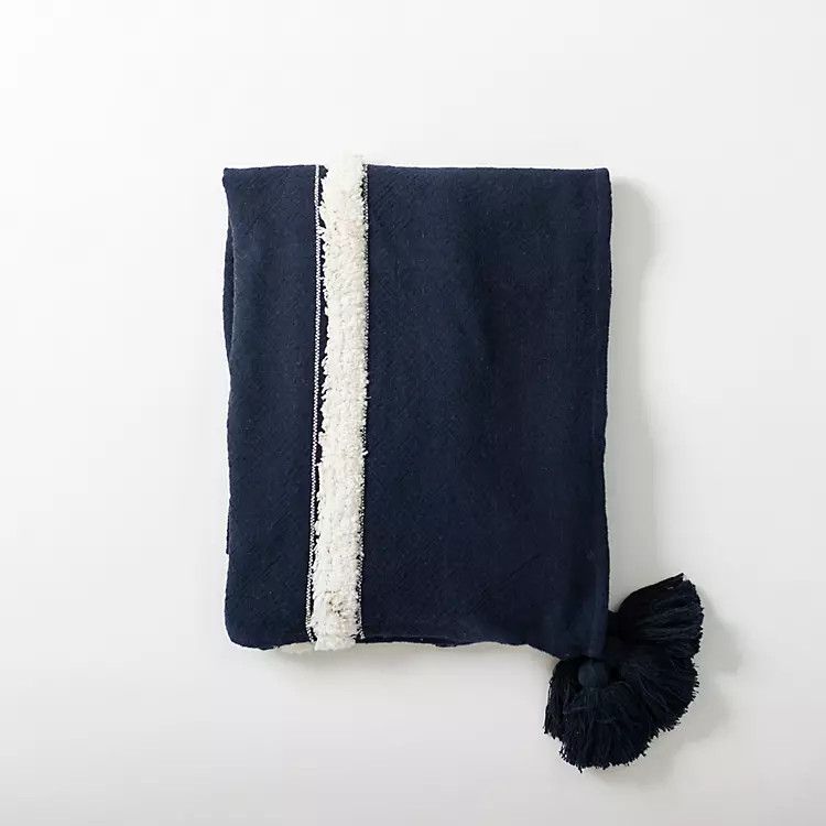 Indigo Throw Blanket with Tufted White Stripes | Kirkland's Home
