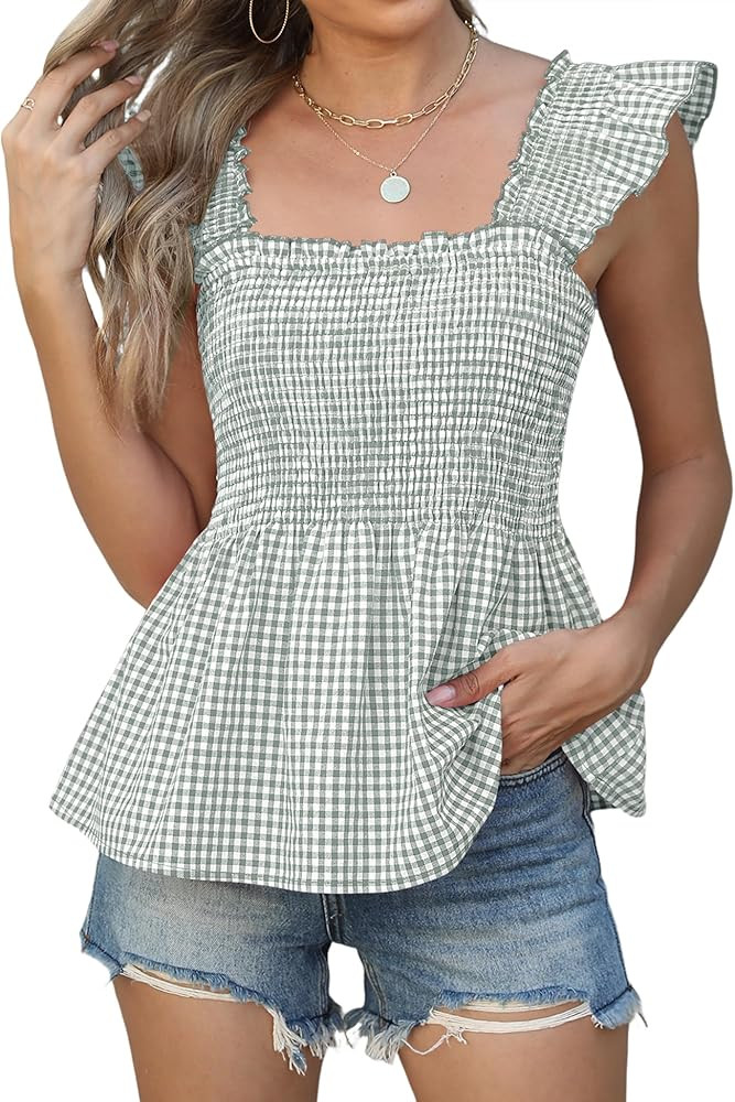 LOMON Womens Tank Tops Fashion Summer Ruffle Flying Sleeve Smocked Blouses Square Neck Sleeveless... | Amazon (US)