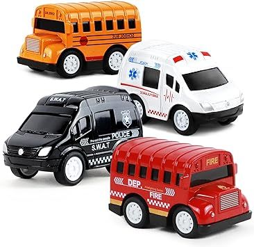 Hot Toddler Toys 4-Pack Die-Cast Vehicles, Pull Back Cars Wheels Playset Including School Bus, Am... | Amazon (US)