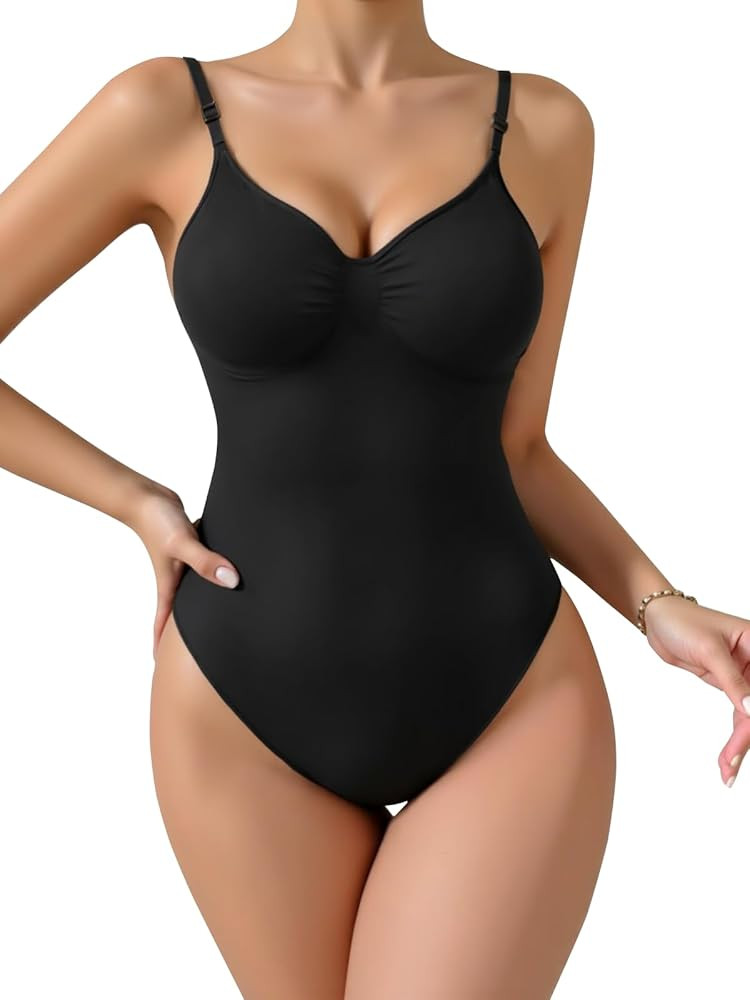 Women's Shapewear Bodysuit, Tummy Control Seamless Thong Body Shaper with Adjustable Straps | Amazon (US)