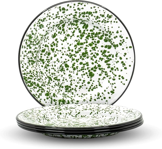 Red Co. Set of 4 Enamelware Metal Classic 10" Round Dinner Plate, Dark Green Marble/Black Rim - S... | Amazon (US)