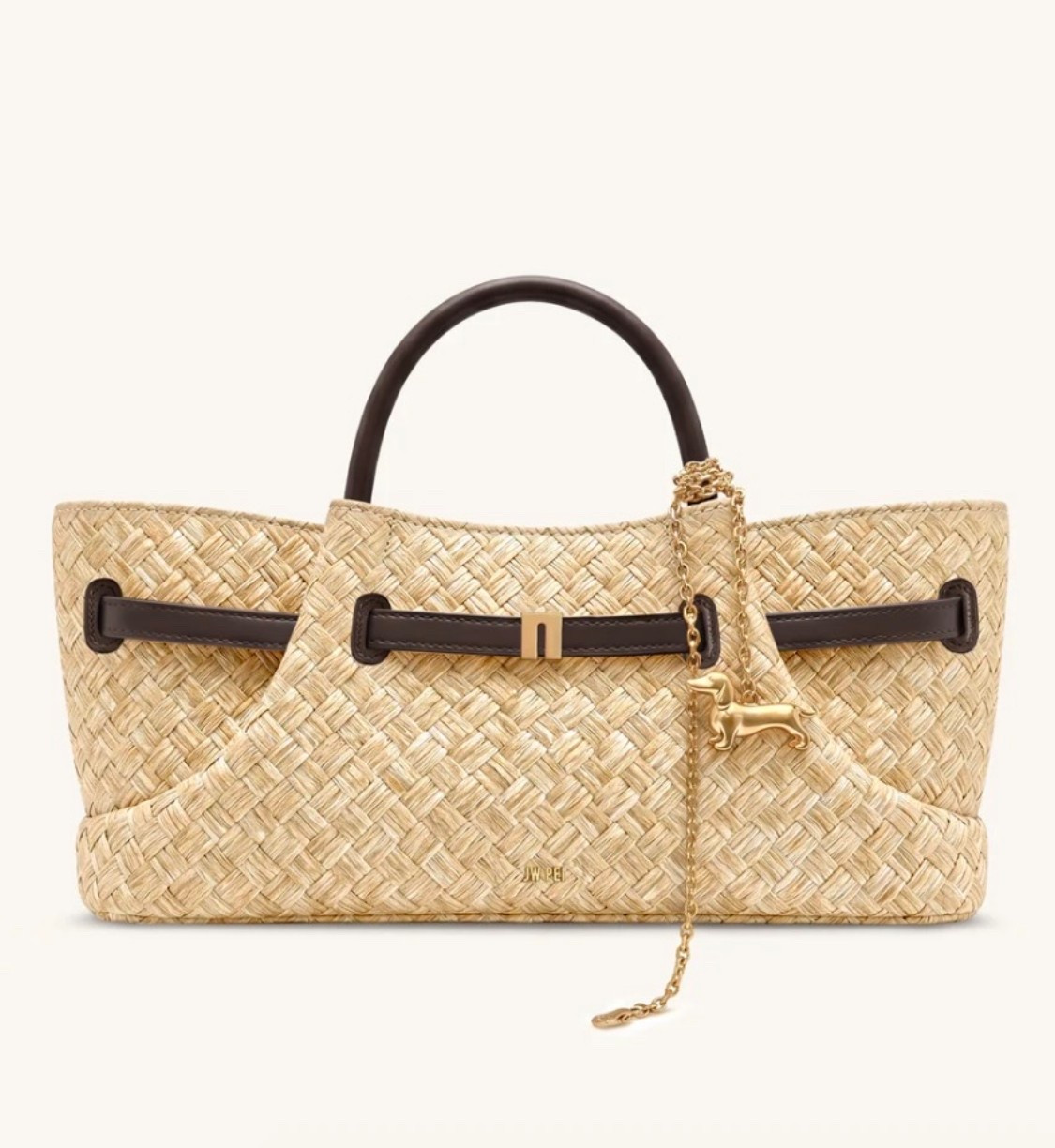 Maeve Faux Straw Dachshund Metal Charm Tote Bag - Brown