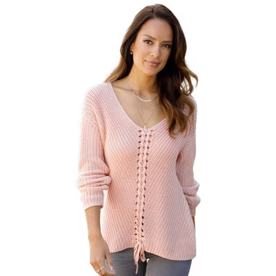 Women's Lace Up V-Neck Sweater - LASCANA - Rose Solid 0/2 | Target