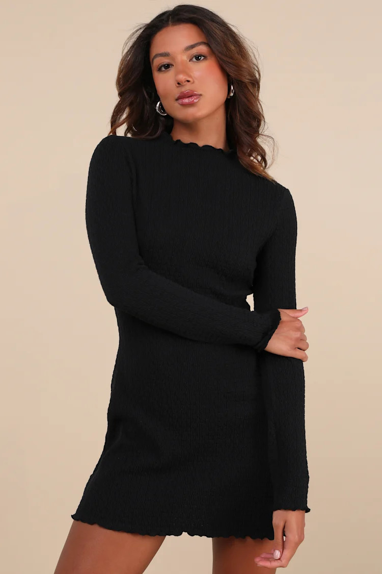 Flattering Forecast Black Textured Long Sleeve Mini Dress | Lulus