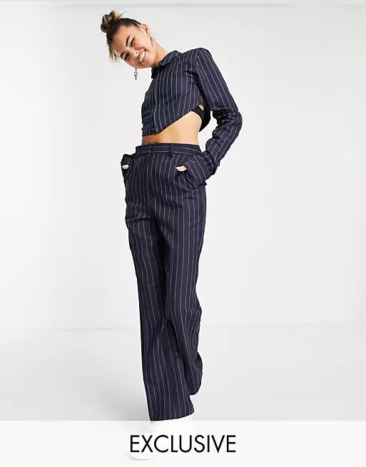 COLLUSION pinstripe straight leg tailored trousers co-ord with V waistband detail in navy | ASOS (Global)