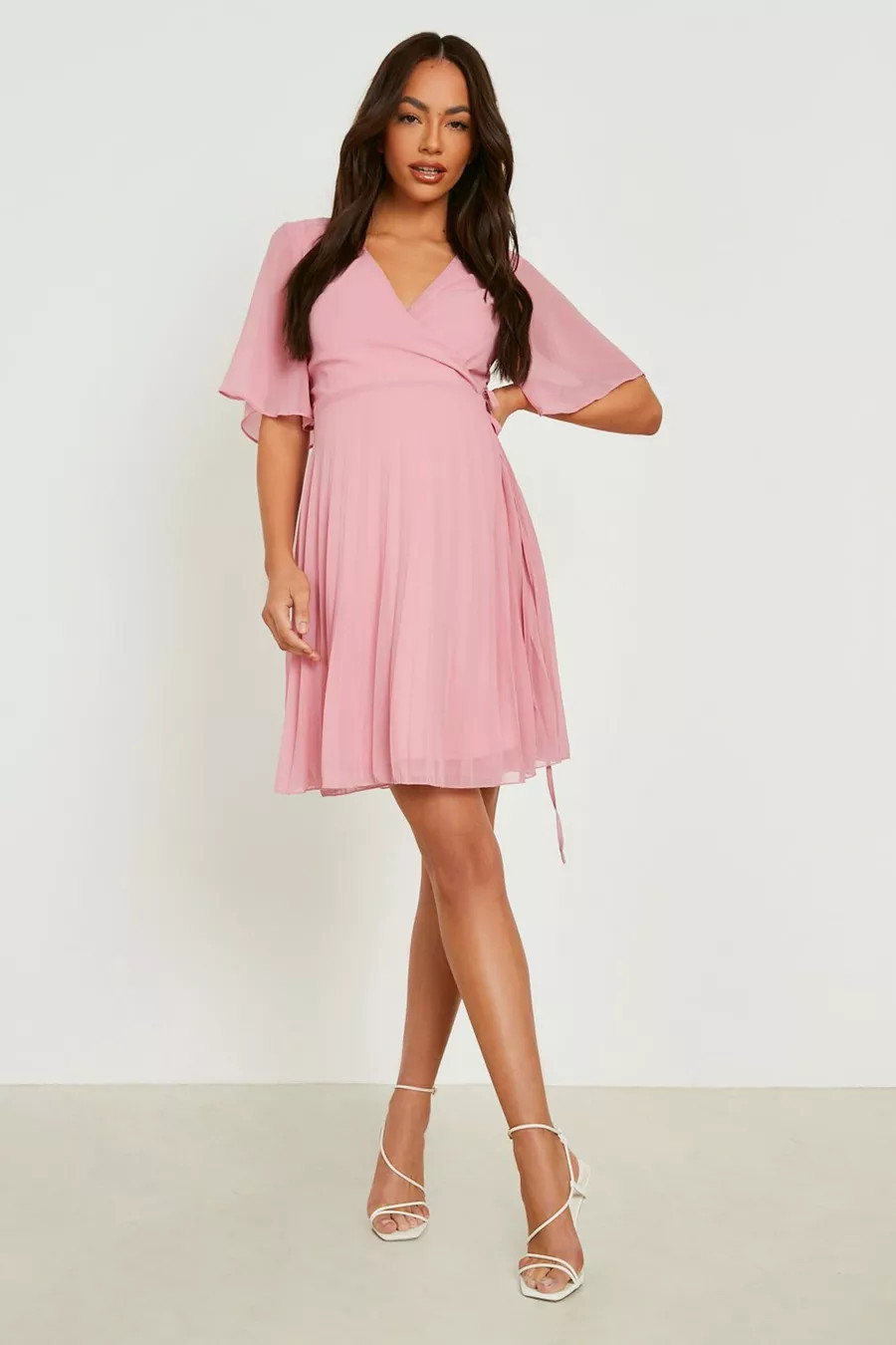 Maternity Pleated Wrap Skater Dress | boohoo (US & Canada)