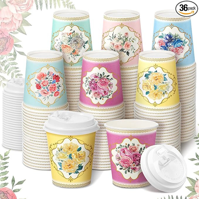 Karenhi 36 Pack 9 oz Floral Paper Cups Bridal Shower Vintage Tea Cup Wedding Disposable Coffee Mu... | Amazon (US)