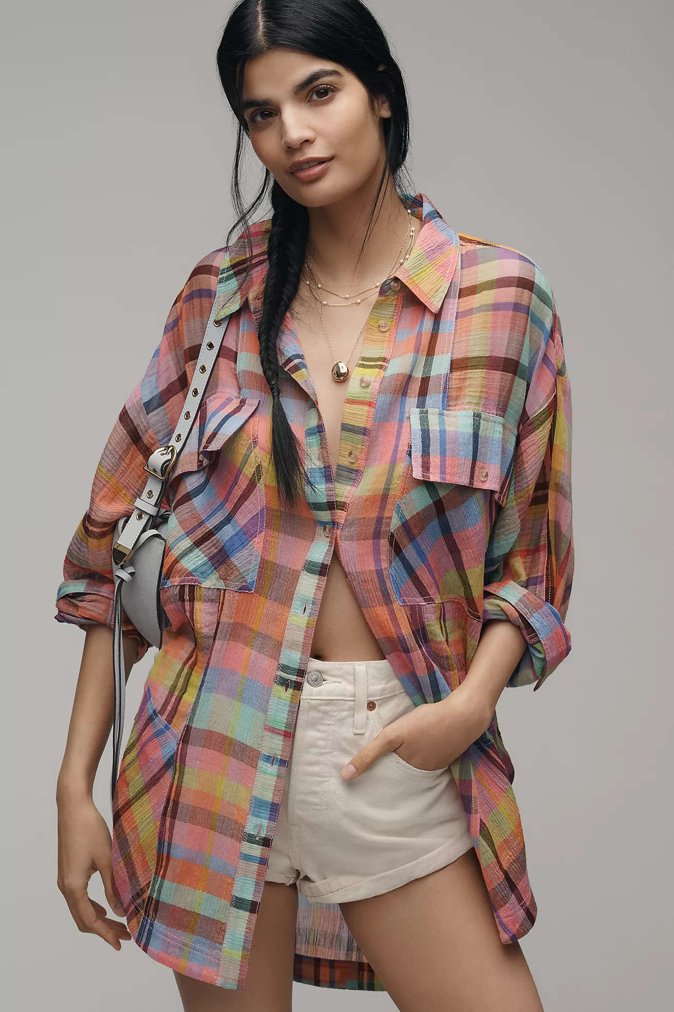 Pilcro Long-Sleeve Mixed Madras Plaid Oversized Buttondown Shirt | Anthropologie (US)