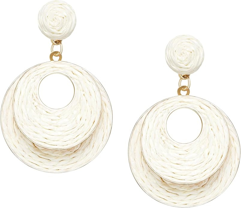 Raffia Hoop Earrings for Women - Boho Straw Wiker Dangle Drop Earrings for Summer Beach, Bohemian... | Amazon (US)