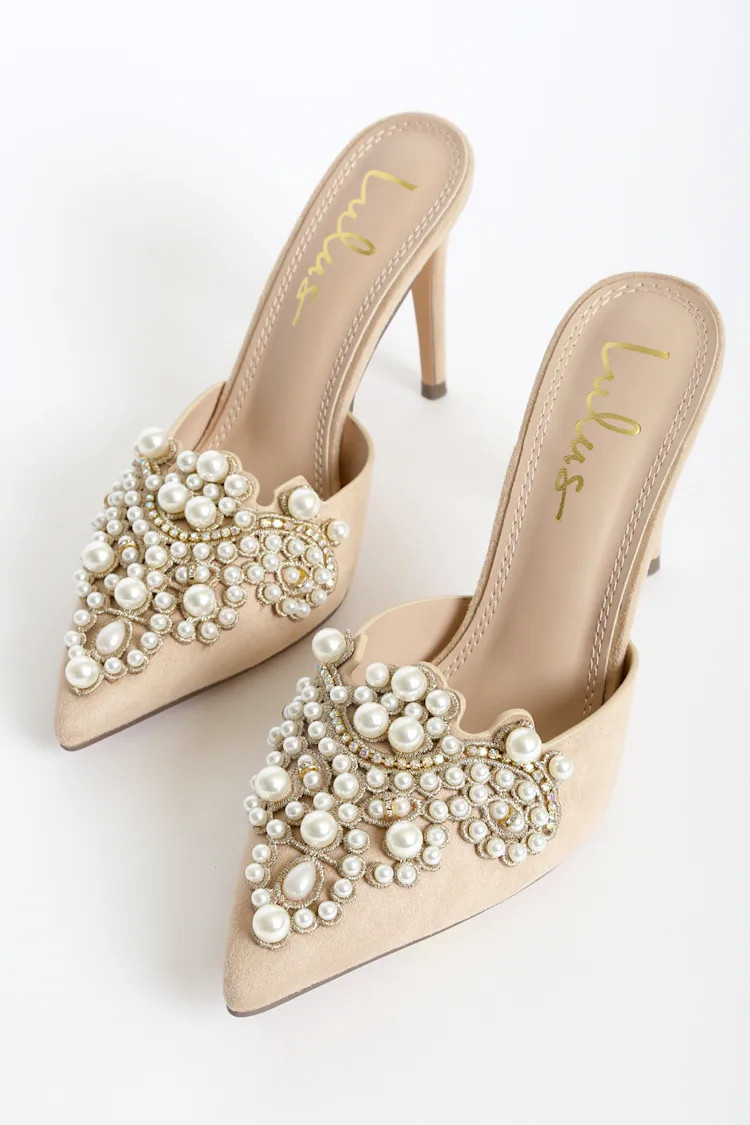 Florine Beige Suede Pearl Pointed-Toe Mule Pumps | Lulus