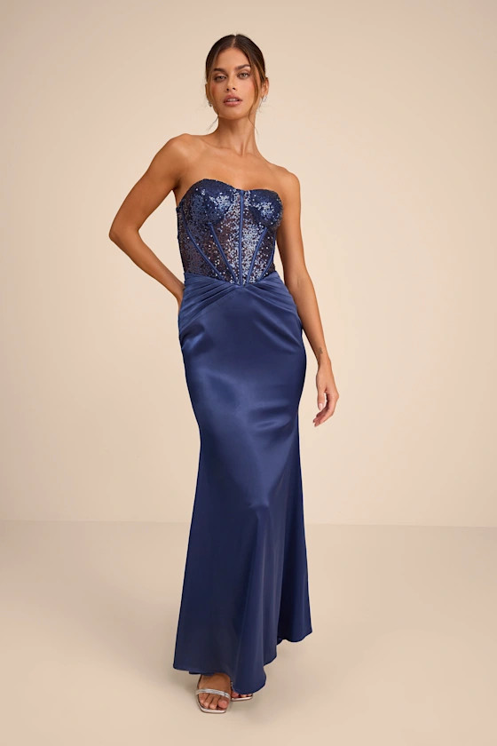 Ria Navy Blue Sequin Strapless Mermaid Maxi Dress | black tie gown | black tie optional  | Lulus