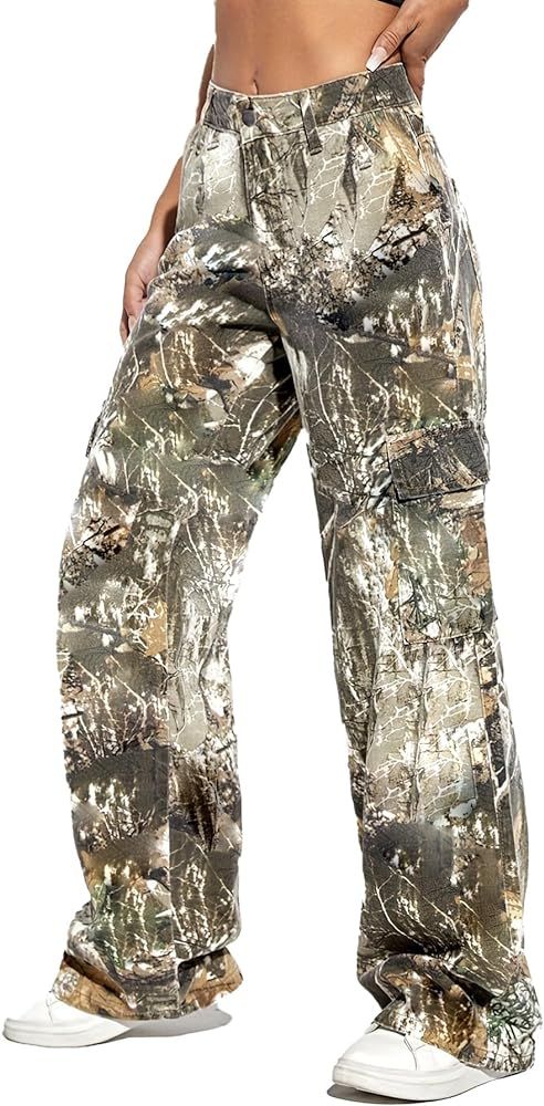 Women Camo Cargo Pants High Waist Baggy Wide Leg Camouflage Army Fatigue Joggers Trousers Slim Fi... | Amazon (US)