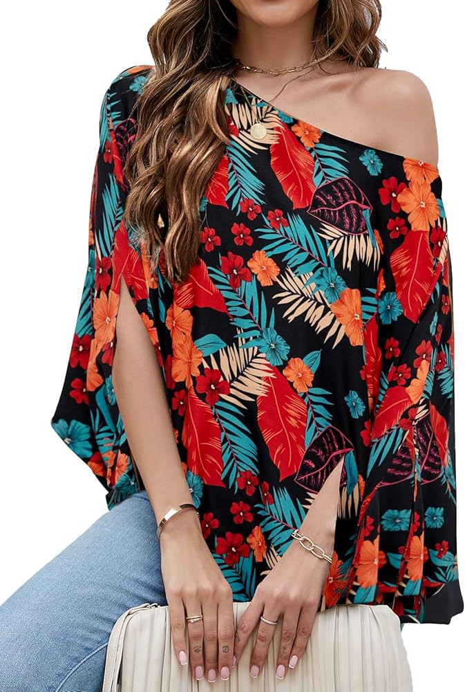 VIMPUNEC Womens Off The Shoulder Flowy Tops Casual Batwing Sleeves Blouses Loose Chiffon Shirts | Amazon (US)