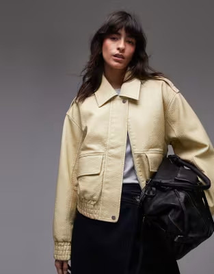 Topshop short bubble faux leather bomber jacket in buttermilk | ASOS (Global)