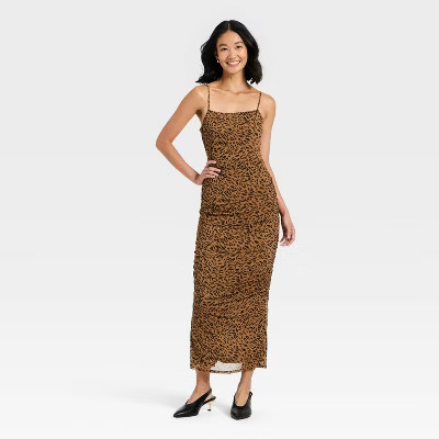 Women's Ruched Midi Slip Dress - A New Day™ Brown Leopard Print XS | Target