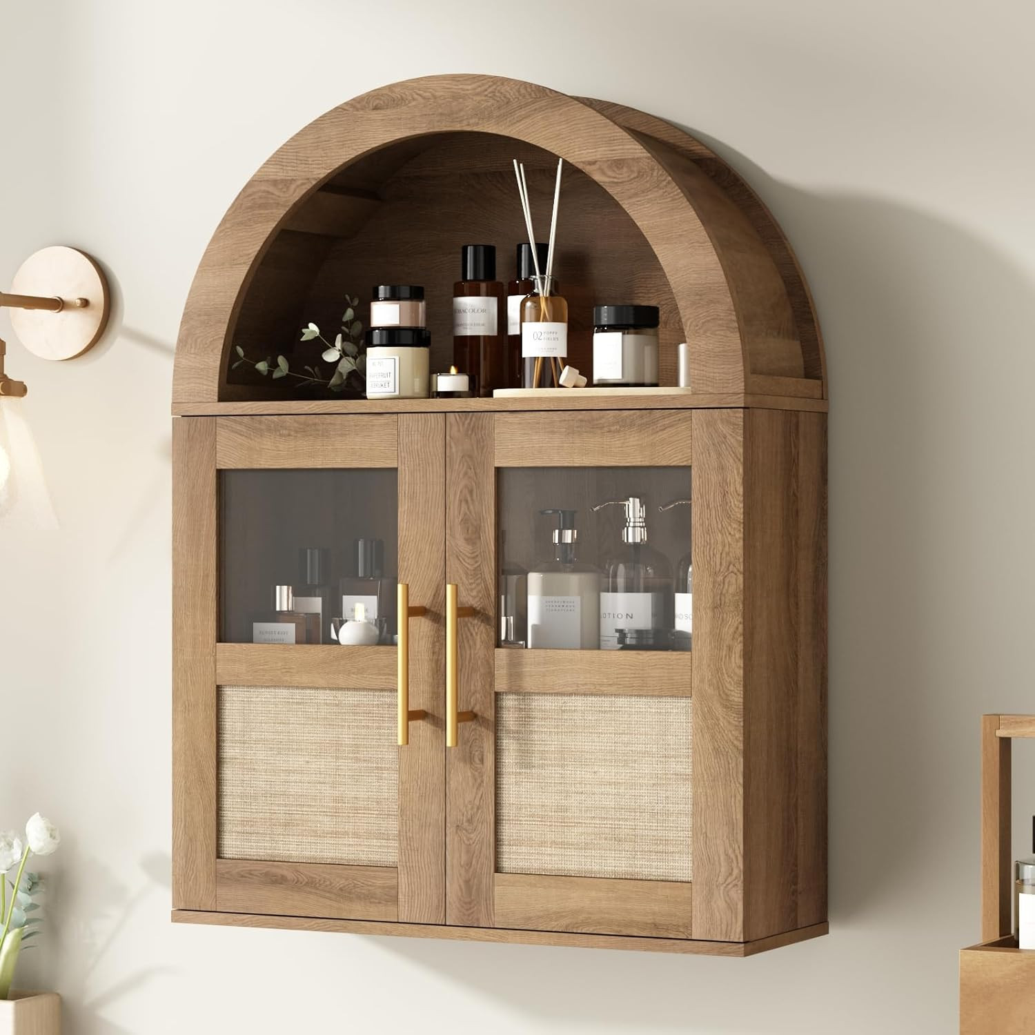 RUSTOWN Arched Bathroom Wall Cabinet, Rattan Medicine Cabinet with 2 Glass Doors, Farmhouse Over ... | Amazon (US)