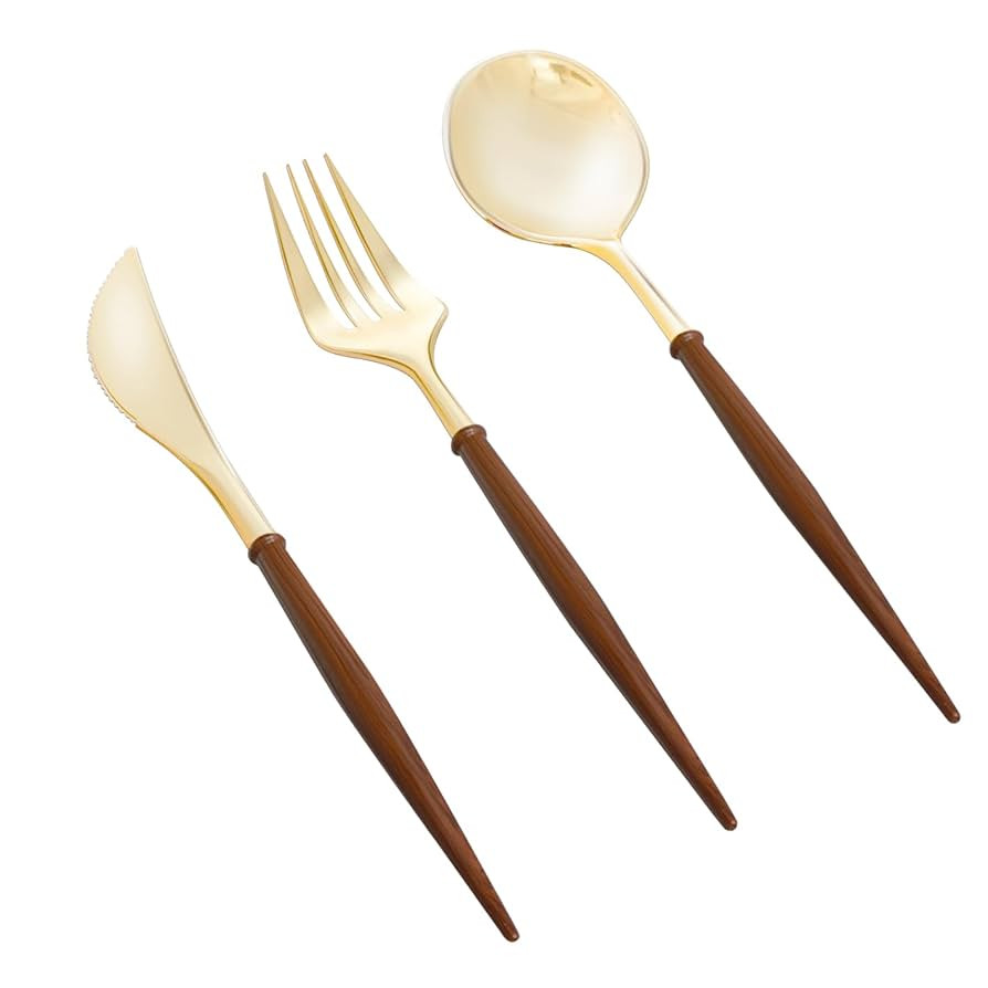 N9R 90Pcs Gold Plastic Silverware Heavy Duty, Elegant Disposable Plastic Silverware with Wood Gra... | Amazon (US)