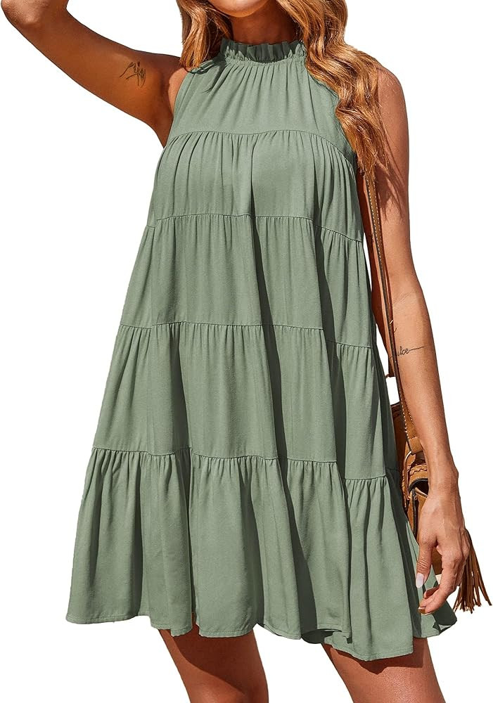 Okiwam Womens Summer Dresses 2025 Halter Sleeveless A Line Tiered Swing Sundress Casual Beach Vac... | Amazon (US)