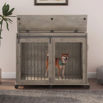 Large Dog Crate Furniture With Sliding Door, Wooden Dog Kennel Indoor With Partition, Dog Cage With Flip-Up Top And Wheels, Double Dog Crate For Large | Wayfair North America