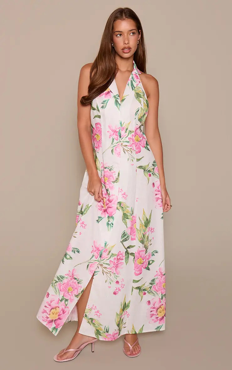 Pink Floral Button Down Collar Detail Maxi Dress | PrettyLittleThing US