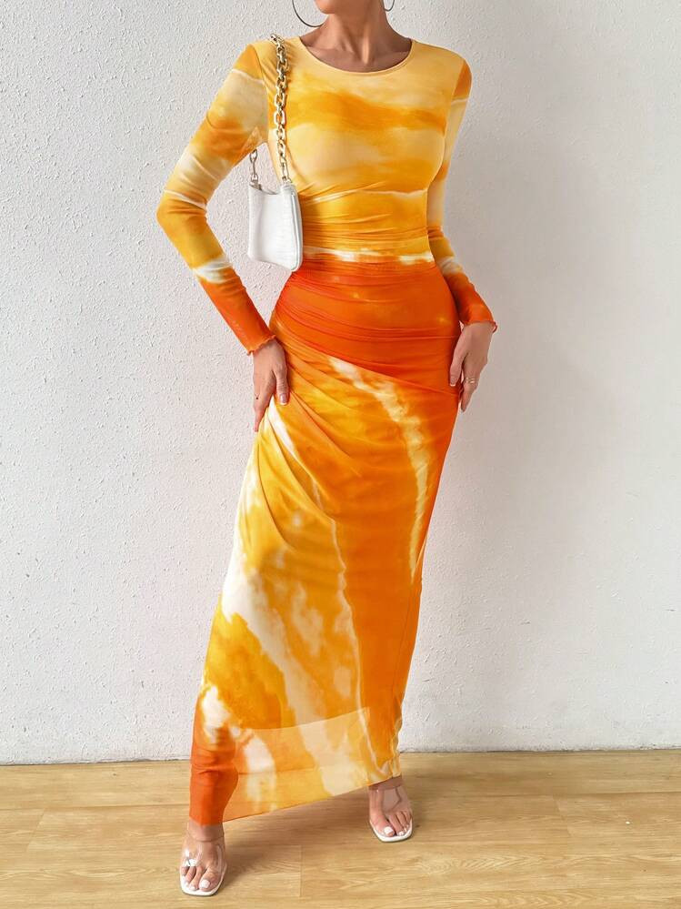 Rafferiza Women's Summer Long Sleeve Tie Dye Round Neck Slim Fit Gathered Side Dress For New Year Holiday Party Clothes Maxi Women Outfit | SHEIN
