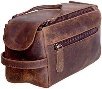 KOMALC Genuine Buffalo Leather Unisex Toiletry Bag Travel Dopp Kit (Distressed Tan) | Amazon (US)