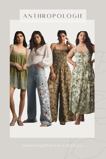 New summer outfit style trends anthropologie by BarbiGia. 
Olive floral green dress trend 
Embroidered wide leg jeans
Maxi jumpsuit outfit 



#LTKFestival #LTKSeasonal #LTKParties
