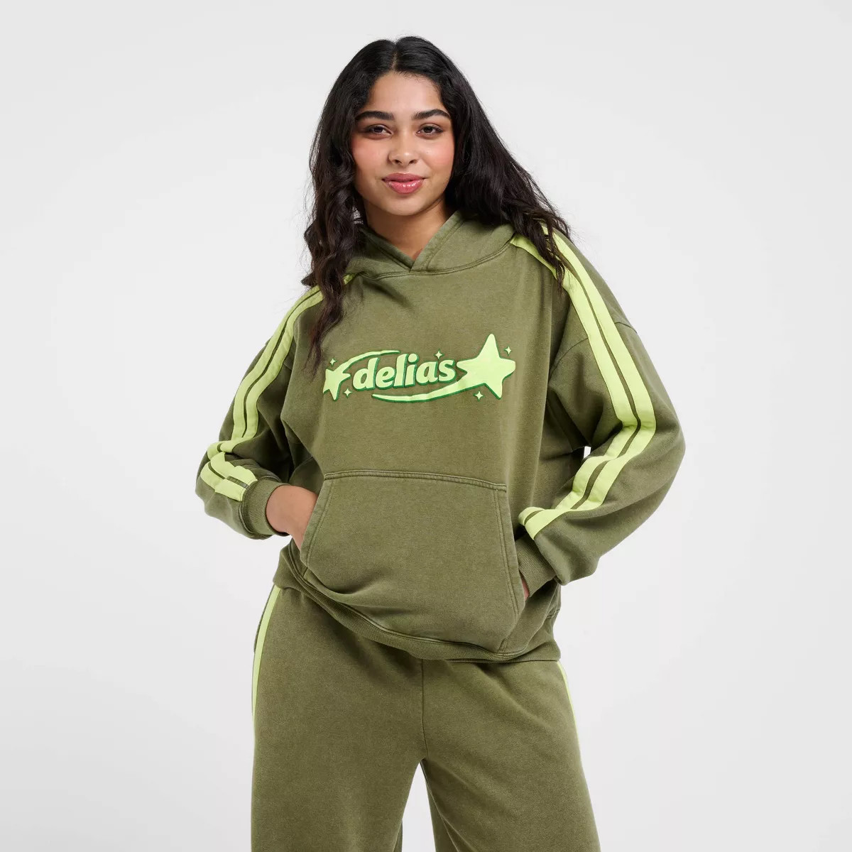Women's dELiA*s Logo Hooded Graphic Pullover Sweatshirt - Green XS | Target