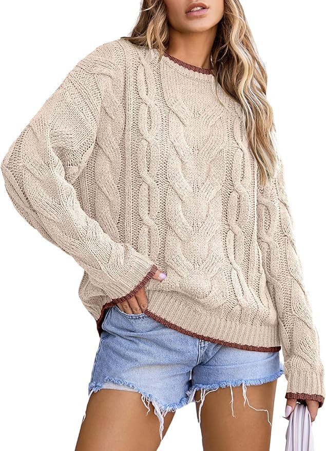 EVALESS Sweaters for Women Trendy Crewneck Long Sleeve Color Block Sweater Tops Fall 2025 Chunky ... | Amazon (US)